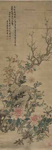 A Chinese Spring Flowers Painting Silk Scroll, Chen Hongshou...