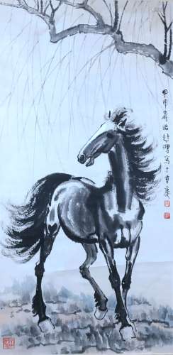 A Chinese Horse Painting Paper Scroll, Xu Beihong Mark