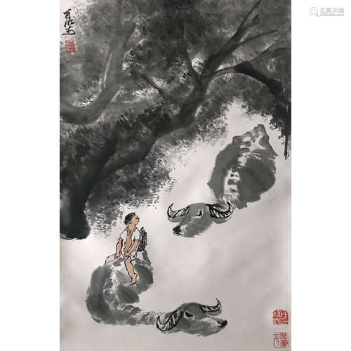 A Chinese Herding Painting Paper Scroll, Li Keran Mark