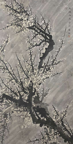 A Chinese Plum Blossom Painting Paper Scroll, Venerable Hong...