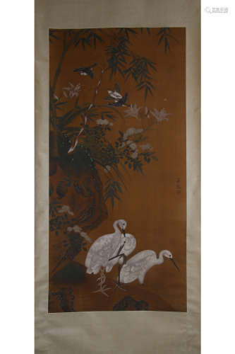 A Chinese Flowers And Birds Painting Silk Scroll, Lv Ji Mark