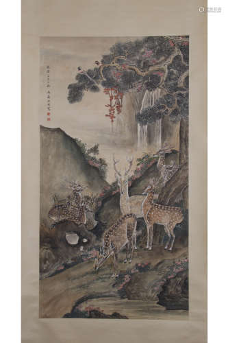 A Chinese Deer Painting Paper Scroll, Shen Quan Mark
