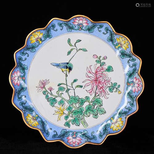 A Bronze Enamel Flowers And Birds Dish