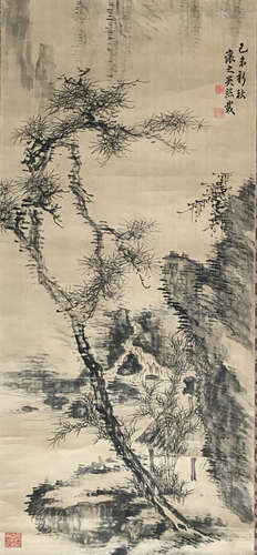 A Chinese Pavilion Besides Pine Painting Scroll, Wu Xizai Ma...