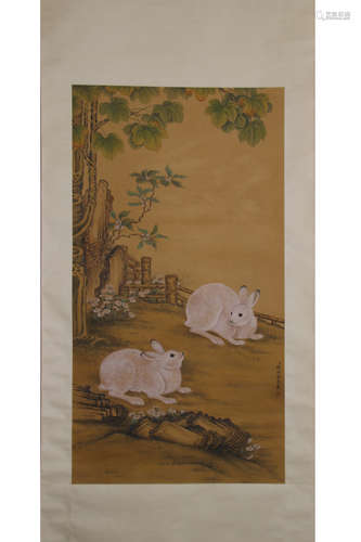 A Chinese Rabbit Painting Silk Scroll, Lang Shining Mark