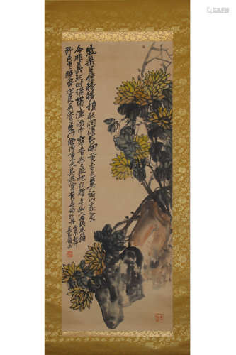 A Chinese Chrysanthemum Painting Paper Scroll, Wu Changshuo ...