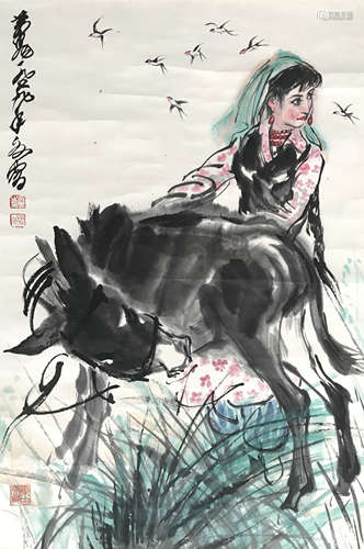 A Chinese Figure Painting Paper Scroll, Huang Zhou Mark