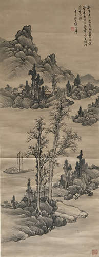 A Chinese Canoe And Landscape Painting Paper Scroll, Zhang Z...