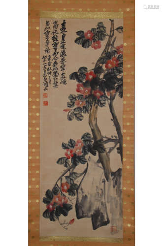 A Chinese Flowers Painting Paper Scroll, Wu Changshuo Mark