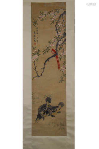 A Chinese Flowers And Birds Painting Paper Scroll, Jiang Tin...