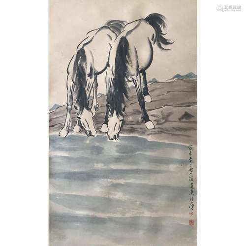 A Chinese Horses Painting Paper Scroll, Xu Beihong Mark