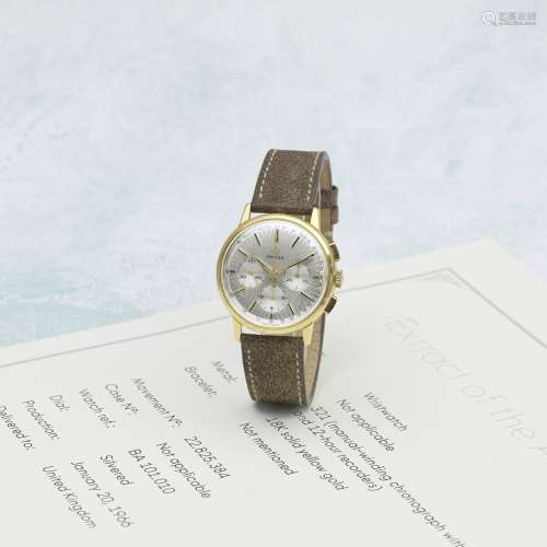 Omega. An 18K gold manual wind chronograph wristwatch Ref: B...