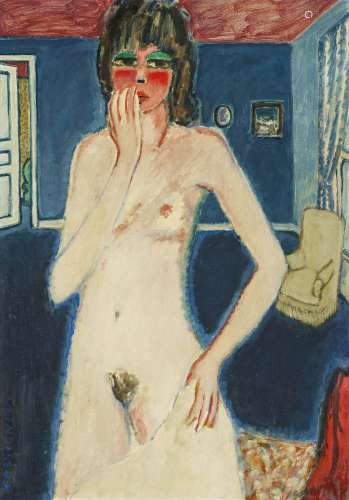 Femme nue debout dans la chambre bleue