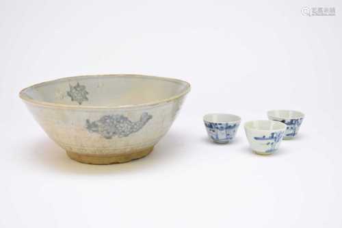 A Chinese blue and white bowl and three wine cups, Ming Dyna...