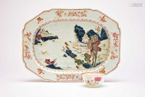 A Chinese famille rose dish and a teabowl