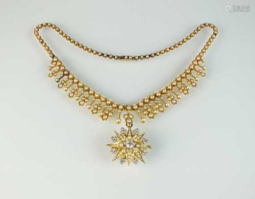 A late 19th century diamond and seed pearl necklace and pend...
