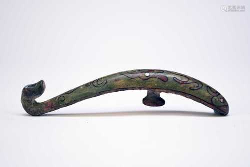 A Chinese inlaid bronze belt hook, possibly Tang Dynasty