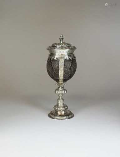 An Edwardian silver mounted coconut cup and cover