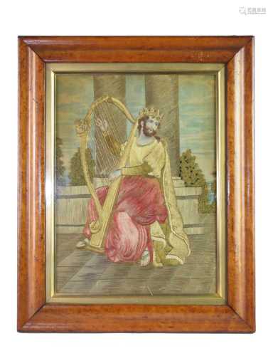 A stumpwork panel of King David playing the harp, 18th/19th ...