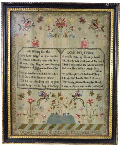 A George III sampler, embroidered by ‘Sarah Kaye, 1779’