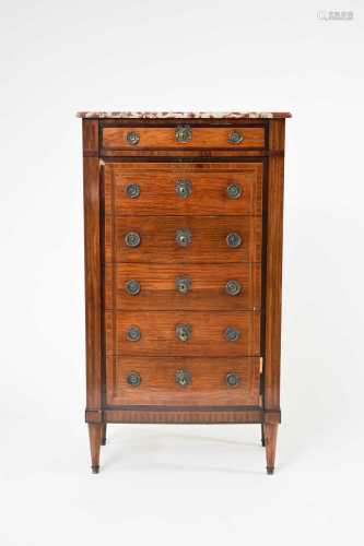 A French Louis XVI style inlaid satinwood marble-topped tall...