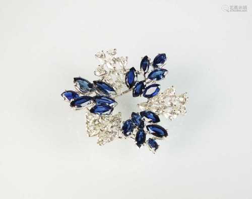 A diamond and sapphire stylised leaf cluster brooch