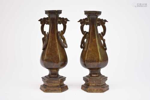 A pair of Chinese bronze vases, Hu, Ming Dynasty