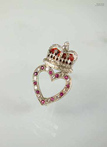 A 9ct white gold diamond, ruby and enamel heart and crown br...