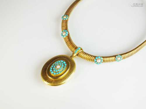 A Victorian turquoise and pearl locket and collarette