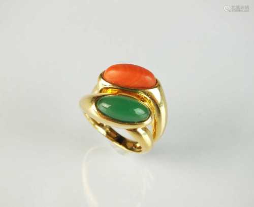 An 18ct gold coral and chrysoprase crossover dress ring by B...