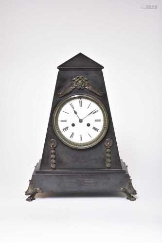 A 19th century, Egyptian style, black slate mantel clock