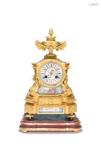 A French ormolu and porcelain mantel clock