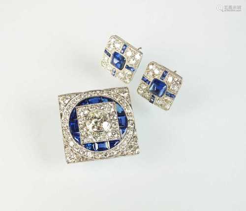 An Art Deco diamond and sapphire brooch with associated earr...