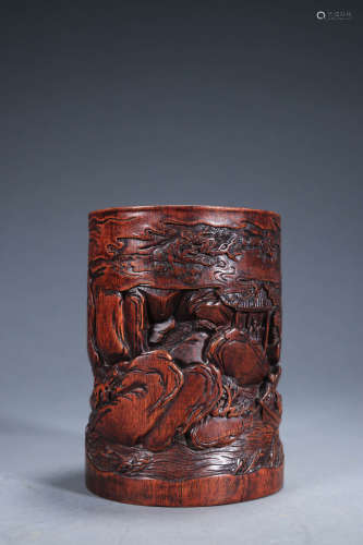 A Carved Bamboo Landscape And Figure Brush Pot