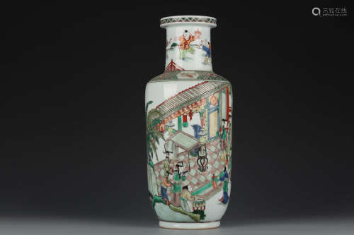 A Gucai Figural Rouleau-Form Vase