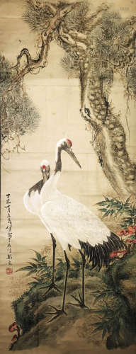 A Chinese Spring Painting Silk Scroll, Ren Xun Mark