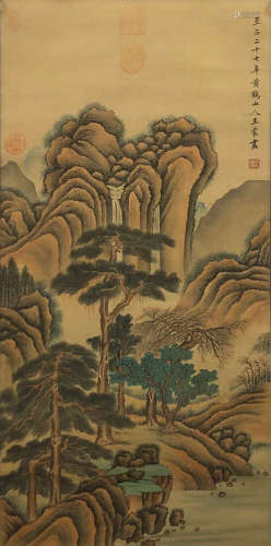 A Chinese Landscape Painting Paper Scroll, Wang Mengjing Mar...