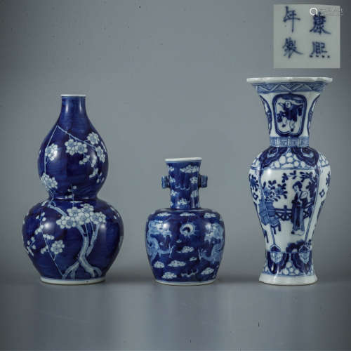 Three Blue And White Plum Blossom Vases