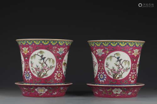 A Pair Of Rouge-Red-Glaze Flowers And Birds Jardinieres