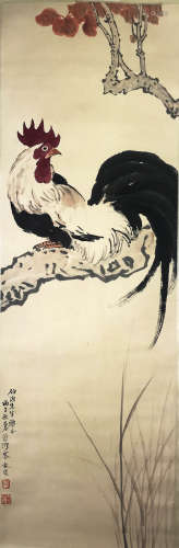 A Chinese Rooster Painting Silk Scroll, Xu Beihong Mark