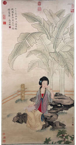 A Chinese Lady Painting Paper Scroll, Qiu Ying Mark