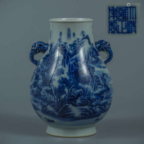 A Blue And White Landscape Double-Eared Vase, Zun