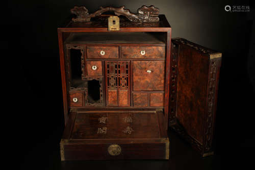 A Carved Burlwood Inlaid Rosewood Fu&Shou Cabinet