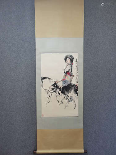 A Chinese Figure Painting Paper Scroll, Cheng Shifa Mark