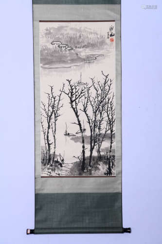 A Chines Fishing Painting Paper Scroll, Li Keran Mark