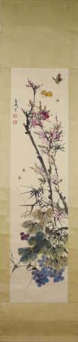 A Chinese Flowers And Birds Painting Paper Scroll, Wang Xuet...