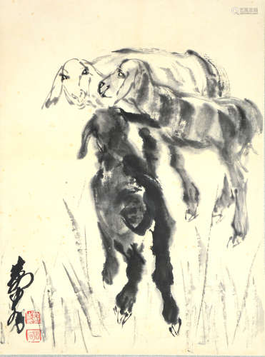 A Chinese Three Rams Painting Paper, Huang Zhou Mark