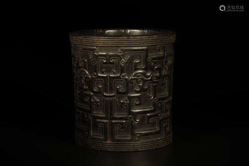 A Carved Sandalwood Dragon Brush Pot