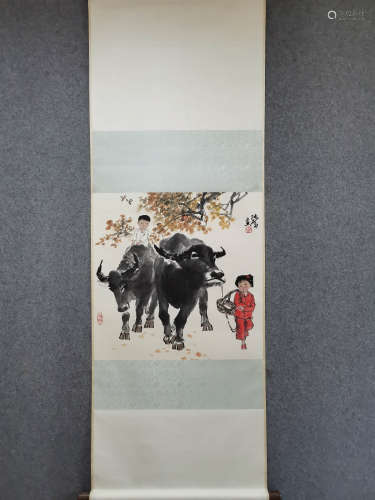 A Chinese Ox And Figure Painting Paper Scroll, Zhang Guang M...