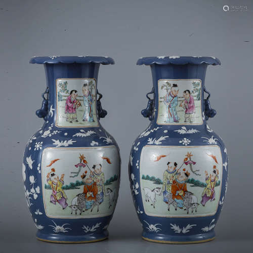 A Pair Of Blue-Glaze Famille Rose Reverse-Top Vases